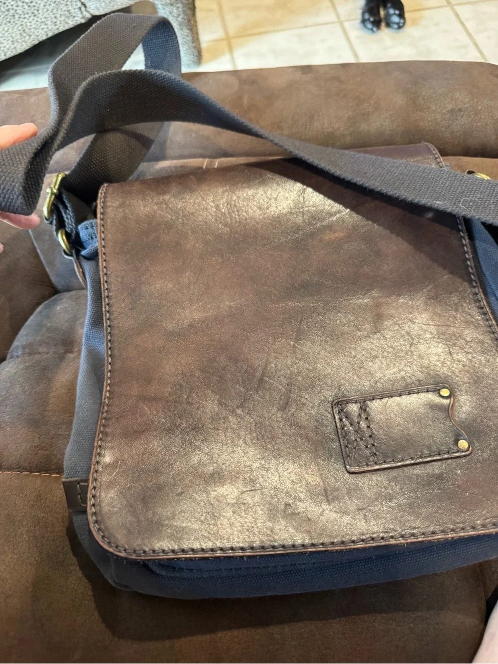 Unisex Brown Leather and blue canvas Messenger Bag - patricia nash